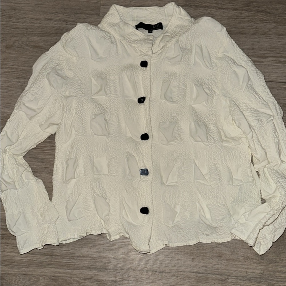 White Textured Button-Up Women's Top